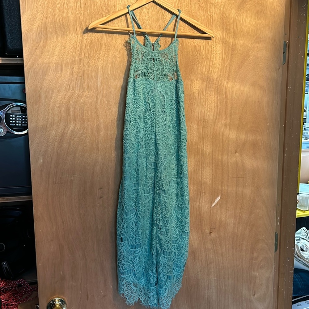 Lace Spaghetti-Strap Mini Dress in Teal